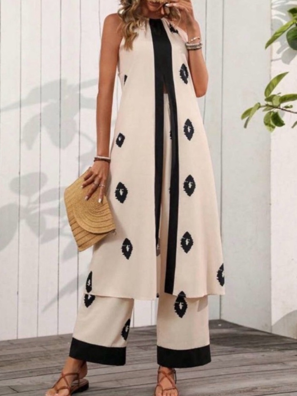 #1127 🐝 (RESTOCK) Sleeveless Long Top, matching pants in cream with Black Trim
